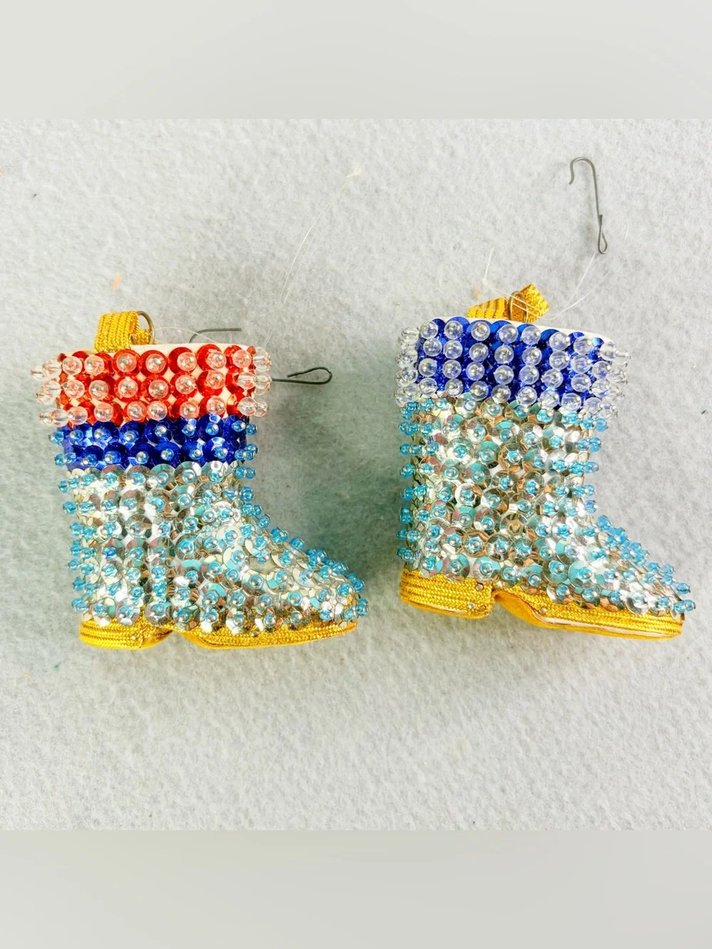 Vintage 2 Santa Boot Christmas Ornament Beaded Sequin Push Pin Blue Silver Gold